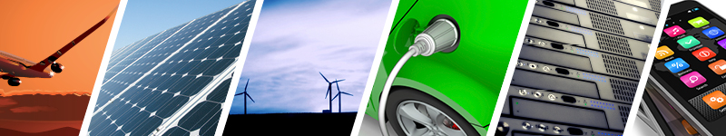 Banner showing the different industries affected by power electronics systems such as transportation and solar energy.