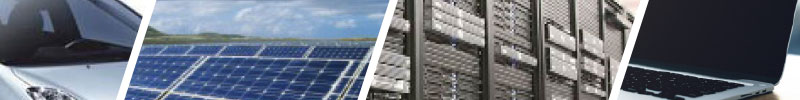 Four images: Electric car, solar panels, processing equipment, laptop.